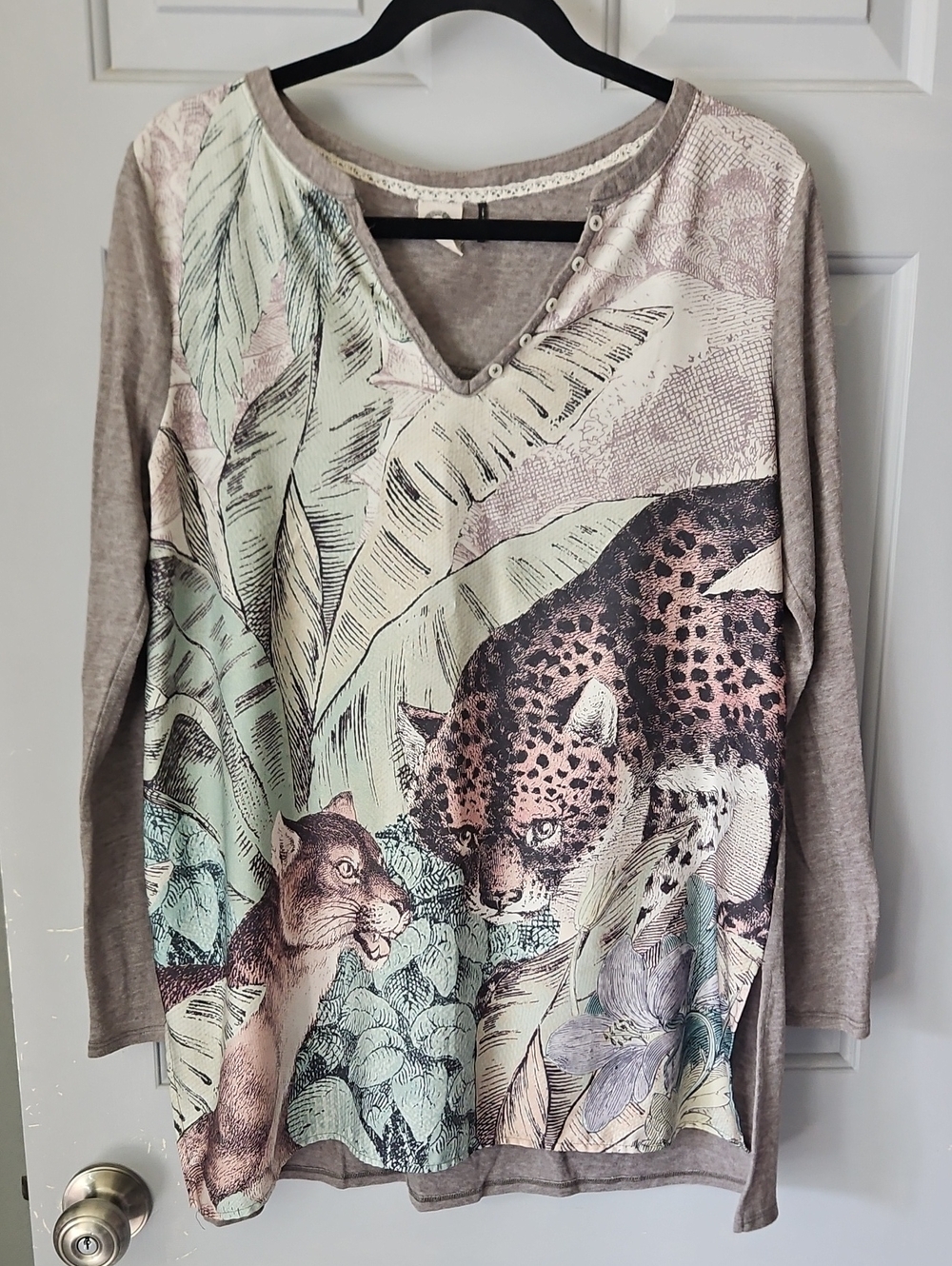 Women’s Taupe Animal-Print V-Neck Top